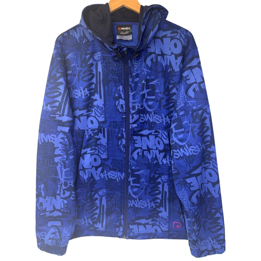 AND1 Zip Up Hoodie Jacket Mens Medium Blue Black Graphic Print Streetwear